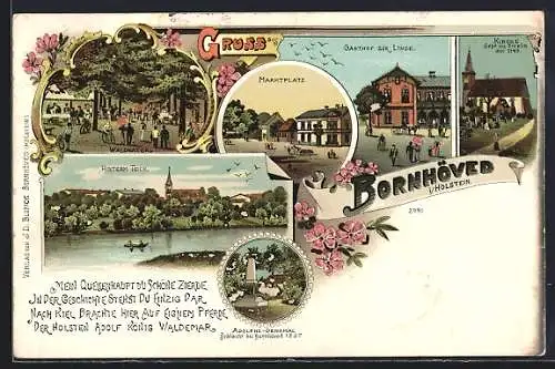 Lithographie Bornhöved, Gasthof zur Linde, Kirche, Marktplatz