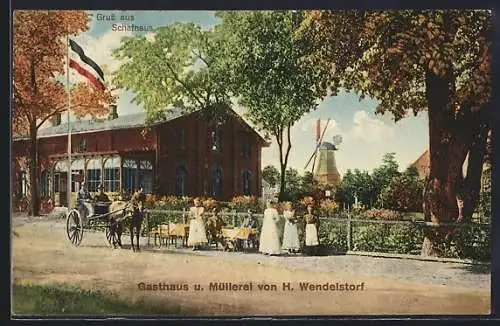 AK Fahrenkrug / Segeberg, Gasthaus Schafhaus u. Müllerei v. H. Wendelstorf, Windmühle