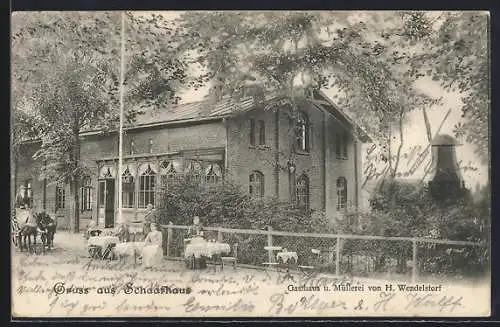 AK Fahrenkrug / Segeberg, Gasthaus Schafhaus u. Müllerei v. H. Wendelstorf, Windmühle