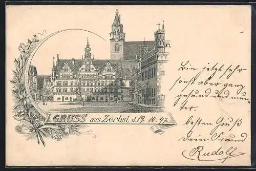 Lithographie Zerbst, Blick auf das Rathaus