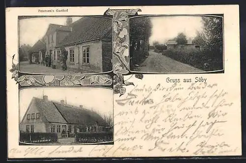 AK Söby, Petersens Gasthof, Vorder- u. Rückansicht, Strassenpartie, Ornamente