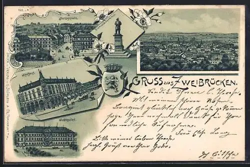 Lithographie Zweibrücken, Herzogsplatz, Kaufhaus, Justizpalast, Teilansicht aus der Vogelschau, Wappen