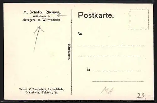 AK Mannheim-Rheinau, Metzgerei Schäfer in der Wilhelmstrasse mit Rheinauhafen