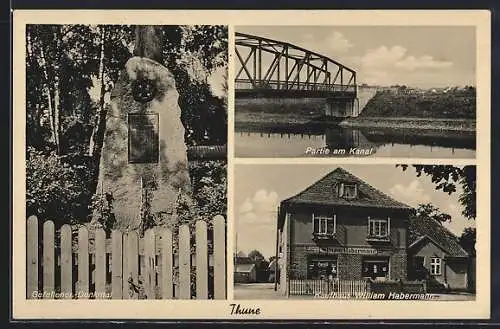 AK Thune / Braunschweig, Kaufhaus W. Habermann, Gefallenen-Denkmal