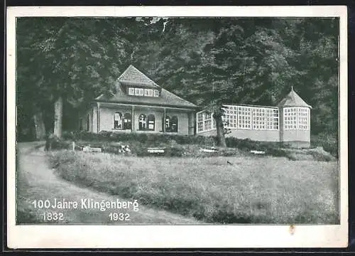 AK Hildesheim-Neuhof, Waldrestaurant-Kaffeehaus Klingenberg H. Ranke von der Strasse aus, 100-jähr. Jubiläum 1932