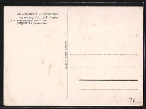 AK Hildesheim-Neuhof, Waldrestaurant-Kaffeehaus Klingenberg H. Ranke von der Strasse aus, 100-jähr. Jubiläum 1932