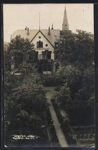 AK Speyer a. Rh., Scherer-Stift / Haushaltungsschule, Ansicht mit Garten aus der Vogelschau