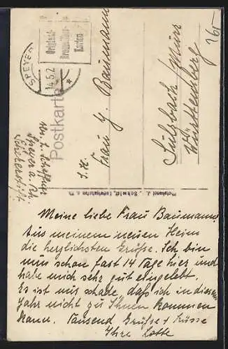 AK Speyer a. Rh., Scherer-Stift / Haushaltungsschule, Ansicht mit Garten aus der Vogelschau