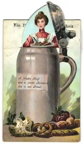 mechanische-AK Prosit der Gemütlichkeit, frisches Mass mit Bretzeln und Wurst, Kellnerin
