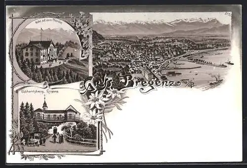 Lithographie Bregenz a. B., Hotel auf dem Pfänder, Gasthof Gebhardsberg