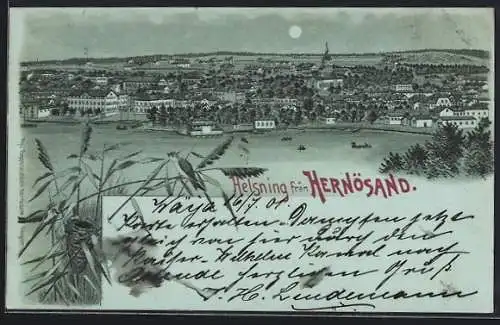 Mondschein-Lithographie Hernösand, Totalansicht übers Wasser