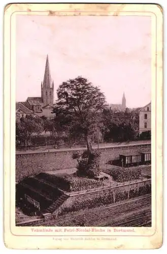 Fotografie Heinrich Ruhfus, Dortmund, Ansicht Dortmund, Vehmlinde mit Petri-Nicolai-Kirche, Eisenbahngleise