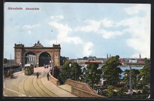 AK Mannheim, Strassenbahn auf der Rheinbrücke