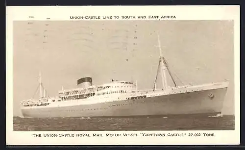 AK Passagierschiff RMMV Capetown Castle auf dem Meer, The Union-Castle Line