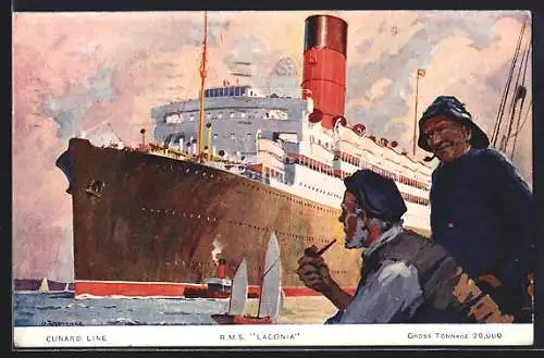 Künstler-AK Passagierschiff RMS Laconia von der Küste aus, Cunard Line