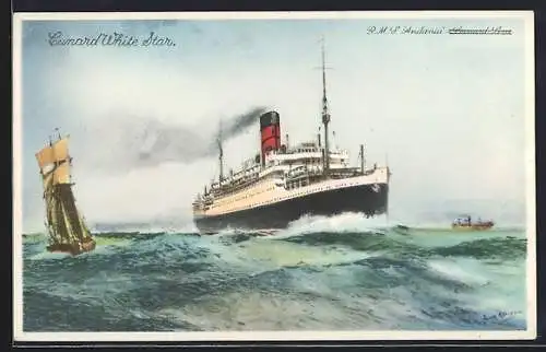 Künstler-AK Passagierschiff R. M. S. Andania in voller Fahrt, Cunard White Star Line