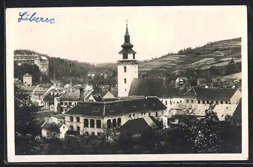 AK Vel. Mezirici, Teilansicht mit Kirchturm aus der Vogelschau