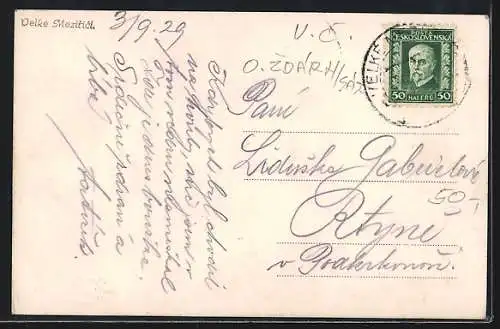 AK Vel. Mezirici, Teilansicht mit Kirchturm aus der Vogelschau