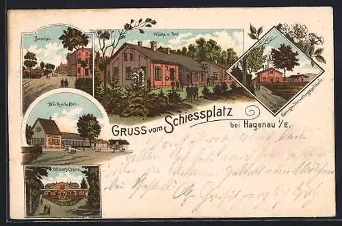 Lithographie Hagenau i. E., Schiessplatz, Wache und Post, Gasthäuser, Offizierscasino, Baracken