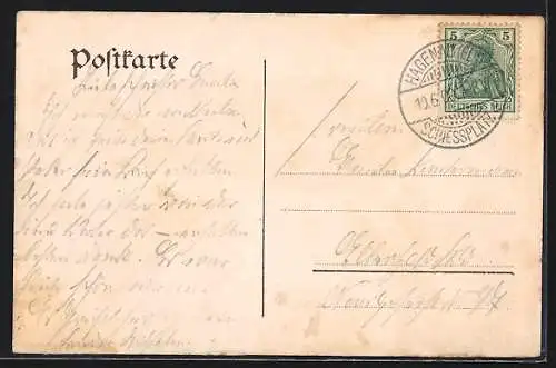 Lithographie Hagenau i. E., Schiessplatz, Wache und Post, Gasthäuser, Offizierscasino, Baracken