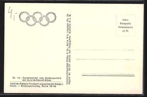 AK Berlin, Olympia Nr. 14, Flugzeugaufnahme Gesamtansicht vom Reichssportfeld mit Dietrich-Eckardt-Bühne