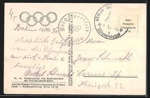 AK Berlin, Olympia Nr. 14, Flugzeugaufnahme Gesamtansicht vom Reichssportfeld mit Dietrich-Eckardt-Bühne