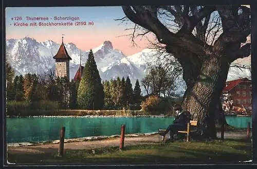 AK Thunersee-Scherzligen, Kirche mit Stockhornkette