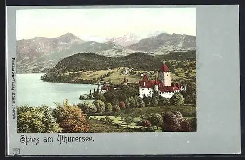 AK Spiez, Ortsansicht mit Schloss, Thunersee und Bergpanorama