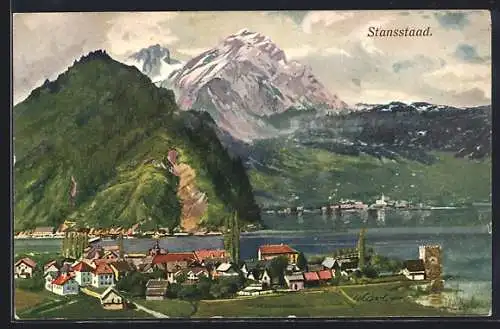 AK Stansstad, Ortsansicht mit Gebirge und Vierwaldstätter See