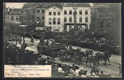 AK Brüssel / Bruxelles, le cortège du 75e anniversaire de l`indépendance belge, char de Marie-Thérèse et Charles Ier