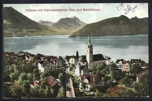 AK Vitznau, an der Kirche mit dem Vierwaldstättersee und Bahntrace