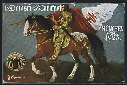 Künstler-AK München, 13. Deutsches Turnfest 5.-12.7.1923, Ritter mit Turnerfahne