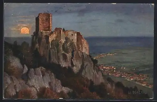 Künstler-AK Rappoldsweiler, Ruine Giersberg bei Sonnenuntergang