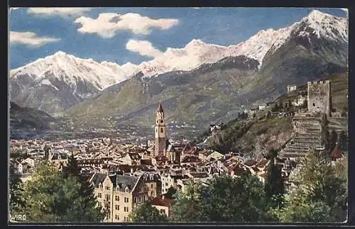 AK Meran /Südtirol, Totalansicht mit Pulverturm u. Bergpanorama aus der Vogelschau
