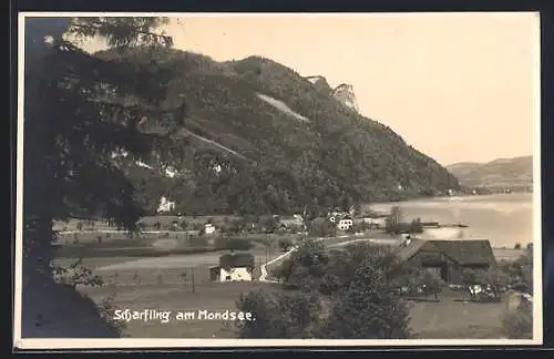 AK Scharfling am Mondsee, Ortsansicht mit Seeblick u. Bergpanorama