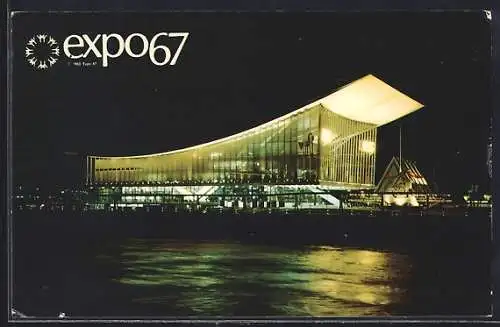 AK Montreal, Ausstellung Expo 67, Le Pavollon de l`Union Sovietique, la nuit
