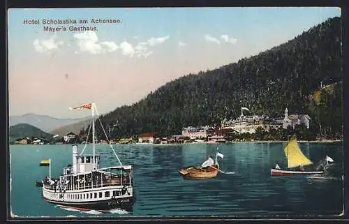 AK Scholastika /Achensee, Hotel Scholastika am Achensee, Meyers Gasthaus, Panorama vom Wasser aus, mit Booten