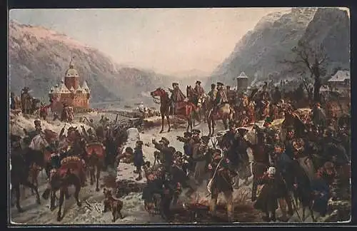 Künstler-AK Rheinübergang Blüchers bei Caub