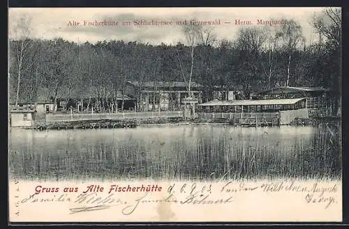 AK Berlin-Schlachtensee, Gasthaus Alte Fischerhütte H. Marquard, vom Wasser gesehen