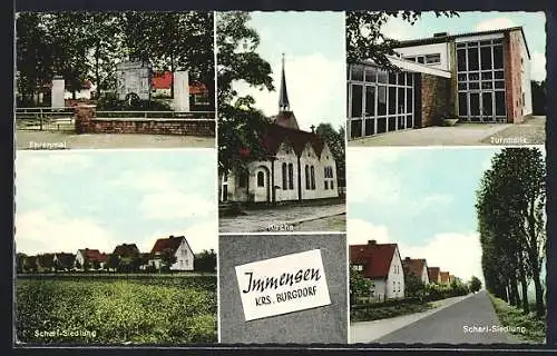 AK Immensen / Lehrte, Scharf-Siedlung, Turnhalle, Ehrenmal