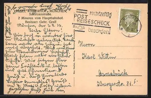 AK München, Hotel Kaiserhof Gebr. Greif, Schützenstrasse, Cafe-Restauraant, Innenansicht