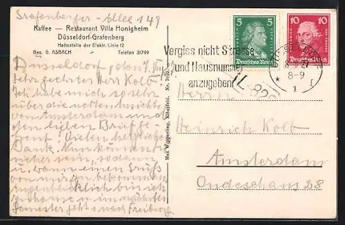 AK Düsseldorf, Kaffee - Restaurant Villa Honigheim, Inhaber G. Asbach