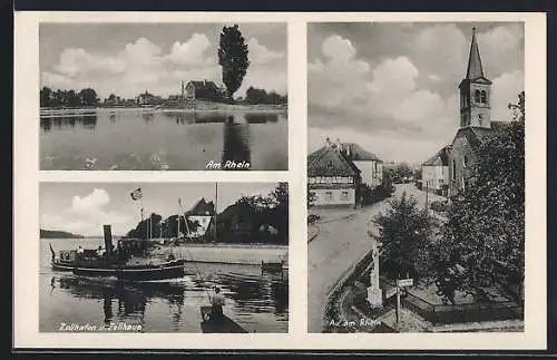 AK Au / Rhein, Zollhafen und Zollhaus mit Rhein-Dampfer, Ortspartie mit Kirche