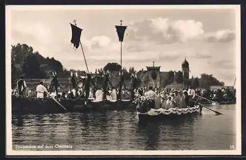 AK Abtei Frauenwörth /Chiemsee, Prozession mit Booten auf dem Chiemsee, im Hintergrund das Kloster