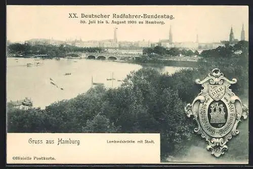 AK Hamburg-Neustadt, Lombardsbrücke mit Stadtpanorama, Radfahrer-Bundestag 1903, Wappen