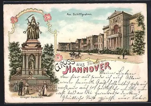 Lithographie Hannover, Strasse am Schiffgraben, Krieger-Denkmal