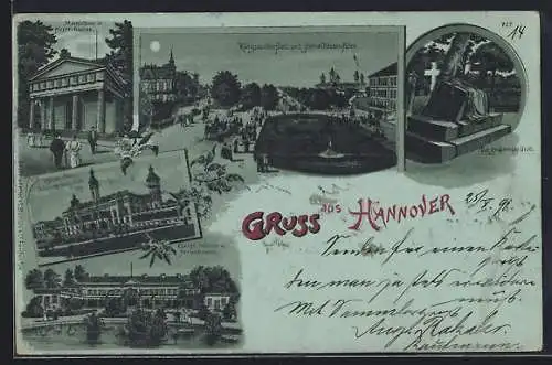 Mondschein-Lithographie Hannover, Mausoleum in Herrenhausen, Welfenschloss, Königl. Schloss, Königswortherplatz