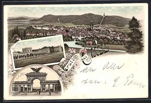 Lithographie Kassel, Teilansicht, Orangerieschloss, Auetor