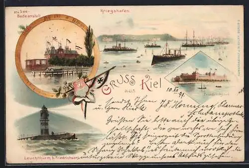 Lithographie Kiel, Seebadeanstalt, Leuchtturm bei Friedrichsort, Kriegshafen
