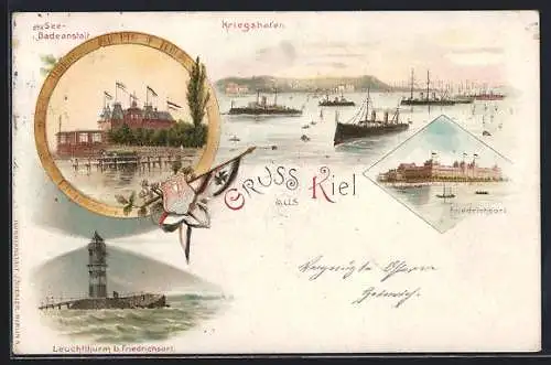 Lithographie Kiel, Seebadeanstalt, Leuchtturm bei Friedrichsort, Kriegshafen